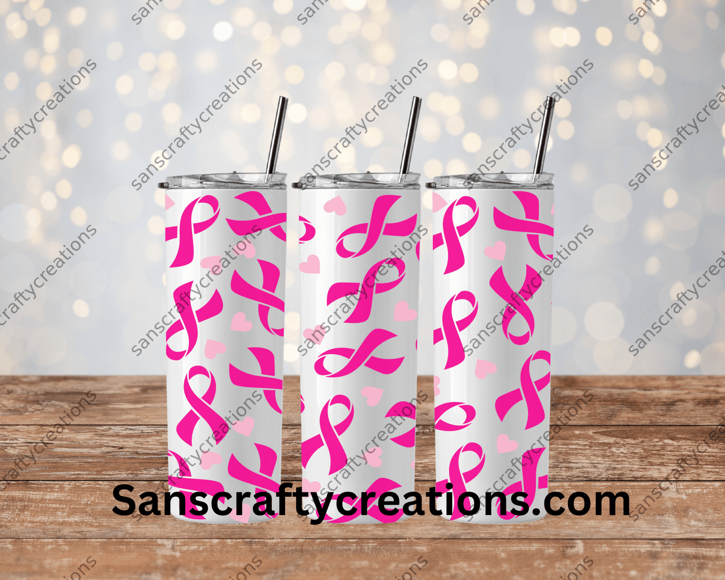 Pink Ribbon-Tumbler Wrap - Tumbler 20oz by Sanscraftycreations.com - blanks, custom, gift, personalized, sublimation, tumbler 20oz.