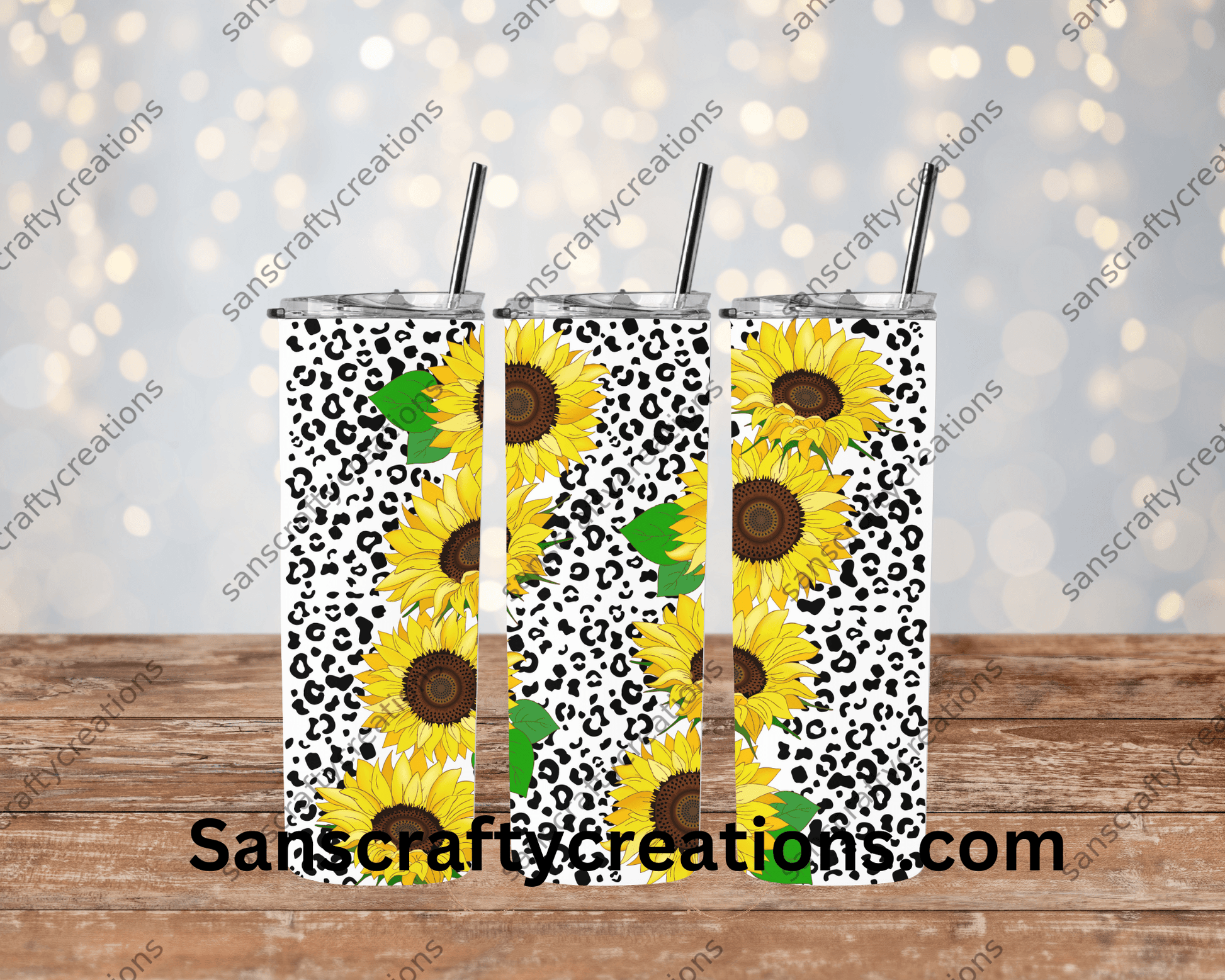 Sunflower Leopard-Tumbler Wrap - Tumbler 20oz by Sanscraftycreations.com - blanks, custom, gift, personalized, sublimation, tumbler 20oz.